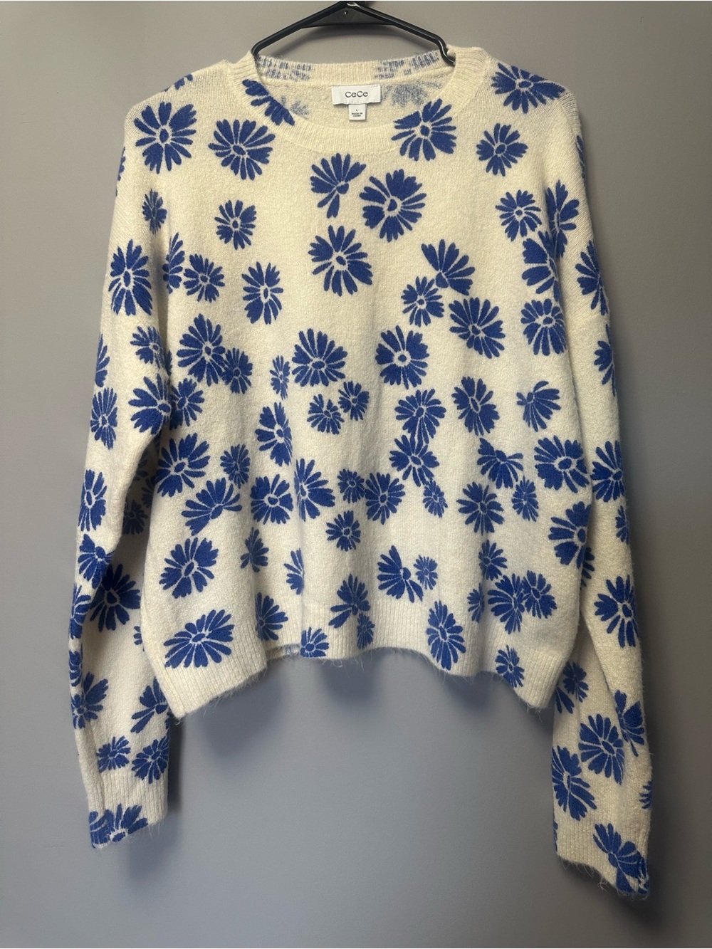CeCe Cream Crewneck Sweater with Blue Floral Print